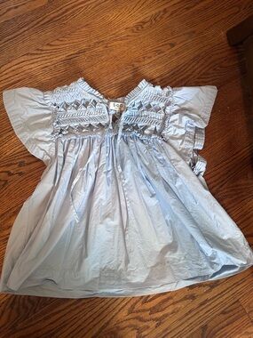 Sea New York Blue Smocked Babydoll Top | Cotton Poplin Flutter Sleeve Blouse